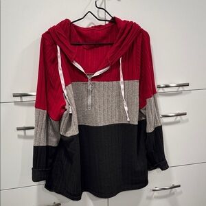 Trendy Red and Black Colorblock Hoodie